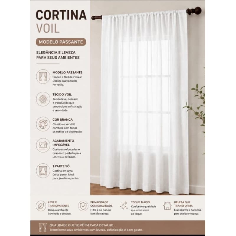 Cortina Voil 1,20 x 2,00 ou 1,20 x 1,40 Passante 1 Parte Lisa Leve Decorativa Sala Quarto