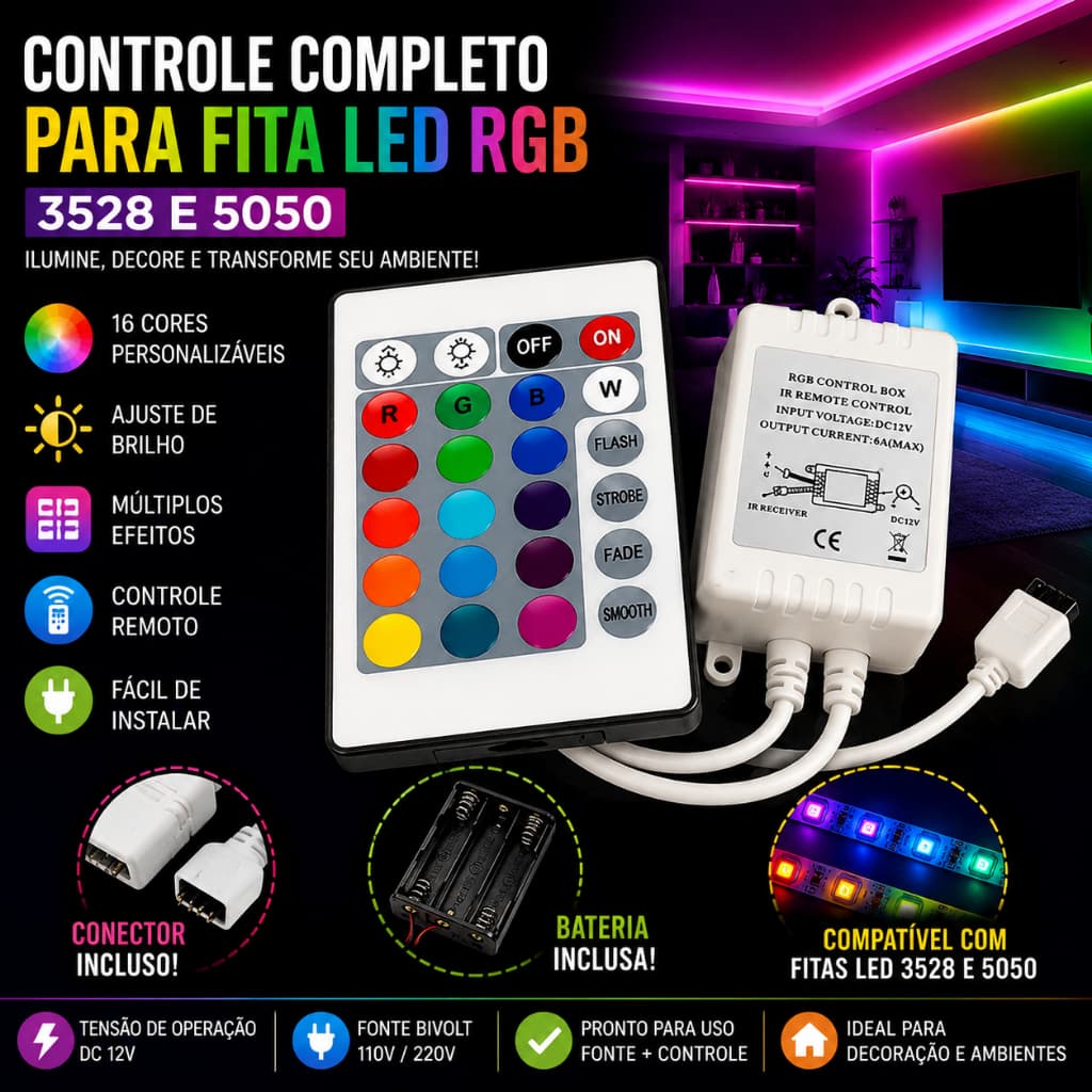 Controlador Para Fita Led RGB 3528 5050 Com Controle Remoto Fonte Conector E Bateria 24 Teclas Bivolt