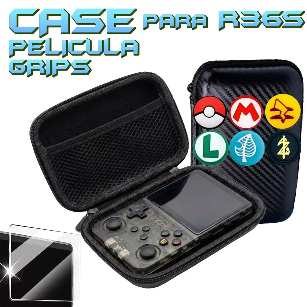 Case R36S + Grips + Pelicula / Capa para videogame portatil R36S Game Boy GB300 Miyoo Mini
