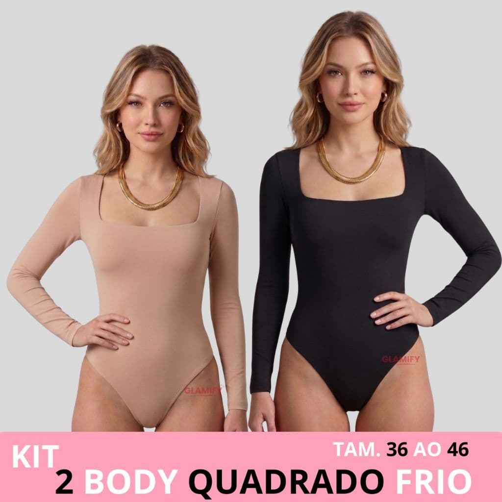 Kit  2 Body Feminino Manga Longa Elegante Decote Quadrado Suplex Forrado Casual Moda Outono Inverno
