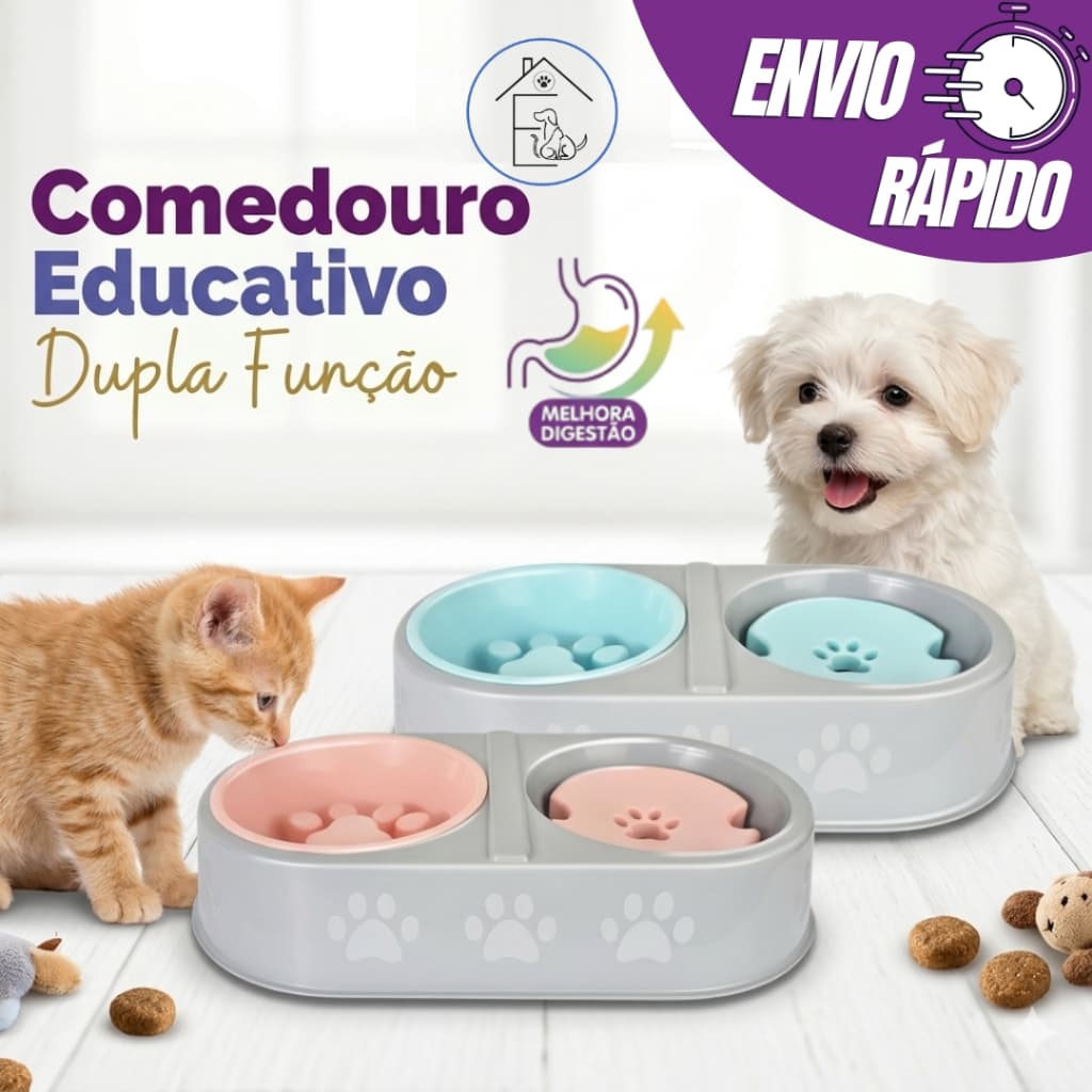 COMEDOURO EDUCATIVO PARA CÃES GATOS DUPLA FUNÇÃO RAÇÃO ÁGUA COMEDOURO PET 1600ML