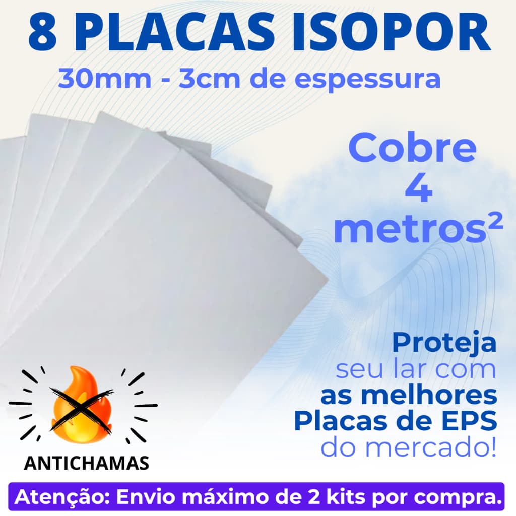 8 PLACAS DE ISOPOR EPS ANTICHAMAS COM 30 MM (3 CM) DE ESPESSURA - PARA FORRO, ISOLAMENTO ACÚSTICO