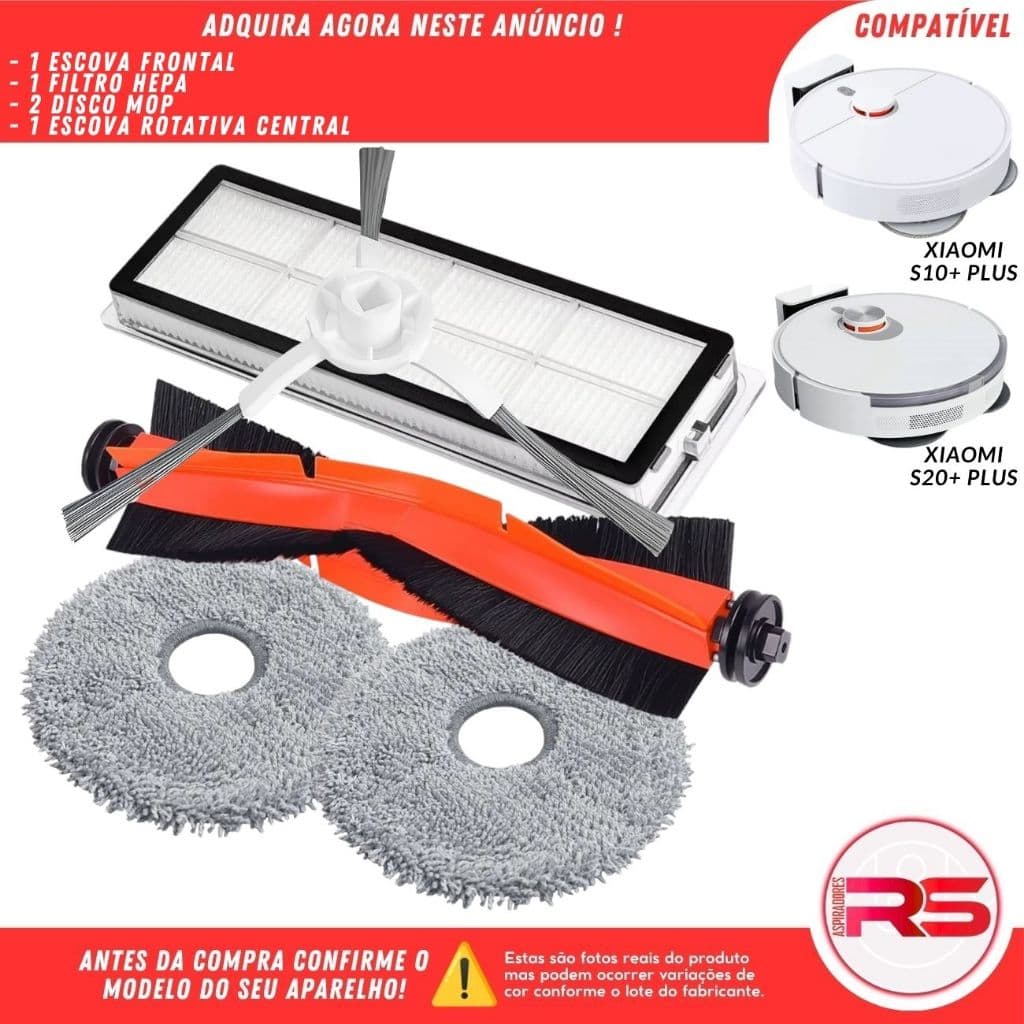 Kit Escova Central 1 Escova 1 Filtro 2 Disco Mop Robo Aspirador Xiaomi S10+ X10+ S20+ X20+ Plus