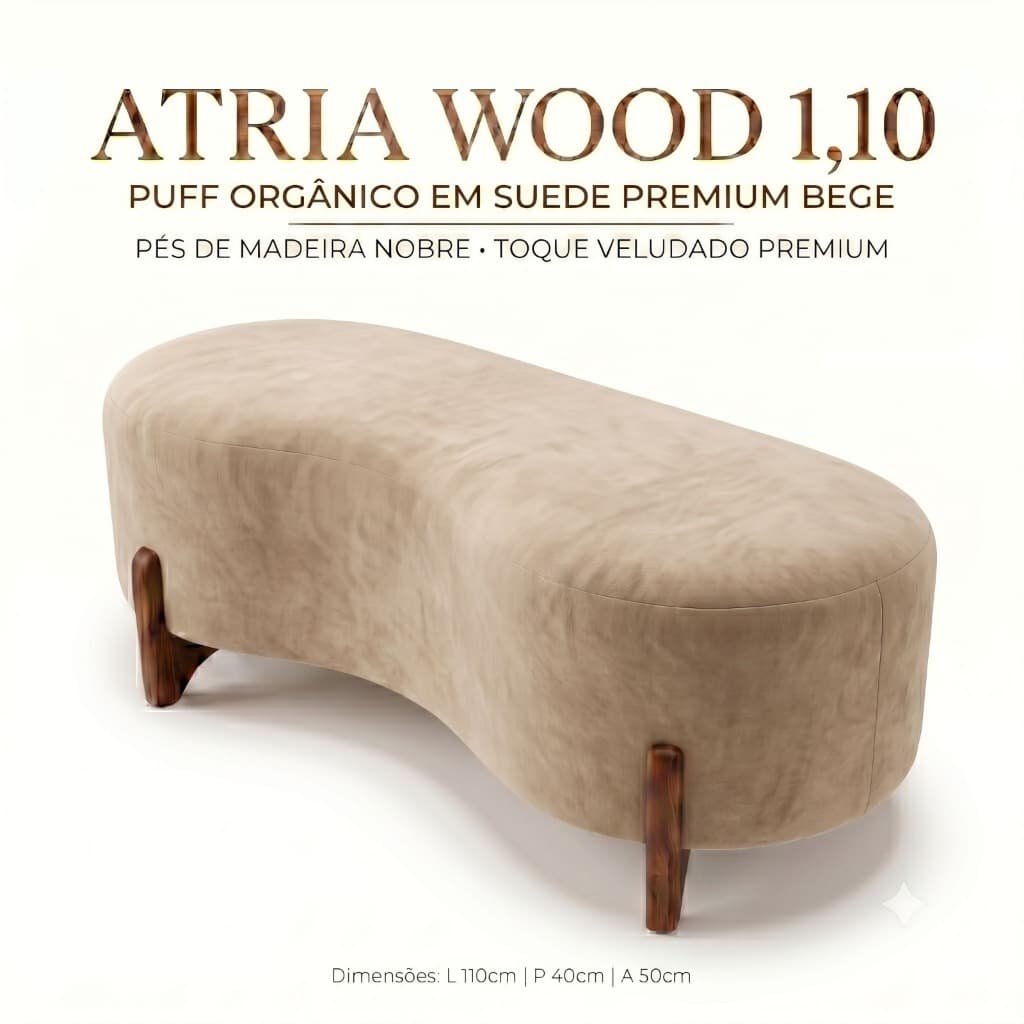 Puff Atria Wood 1,10m Suede Bege • Peça Decorativa Premium • Design Minimalista Sofisticado
