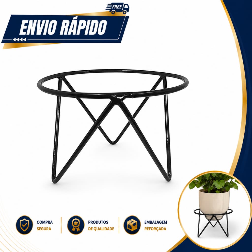 Suporte para Vaso de Planta, Ferro Preto, Design Geométrico, 20 cm x 15 cm
