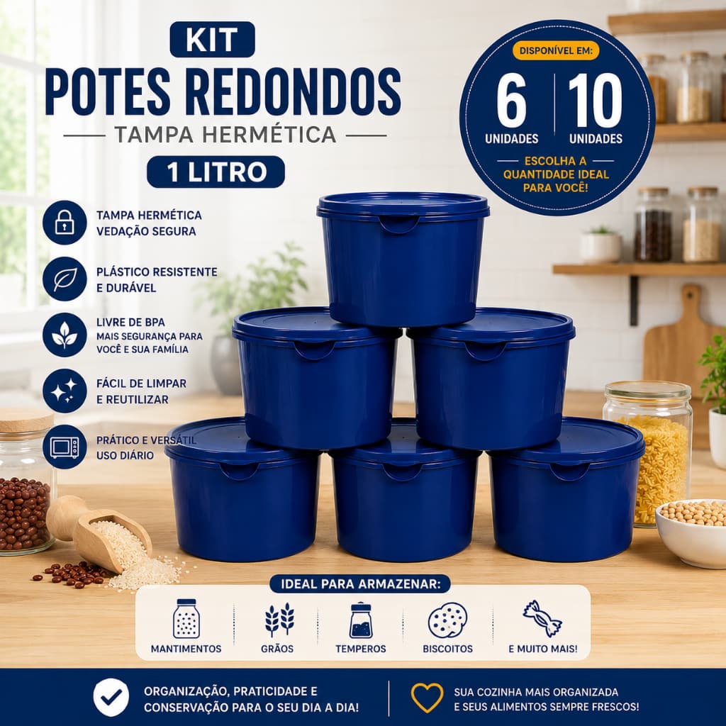 Potes Herméticos 1L Redondo Plástico Tampa Vedação Cozinha 6 ou 10 Unidades