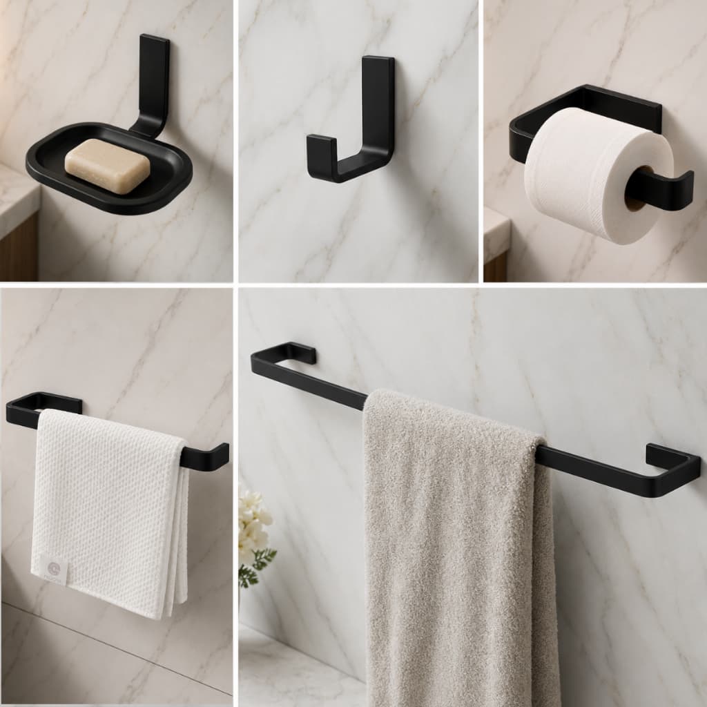Kit Banheiro Preto Fosco 5 Peças Quadrado Alumínio Black Acessórios Lavabo Antiferrugem Premium