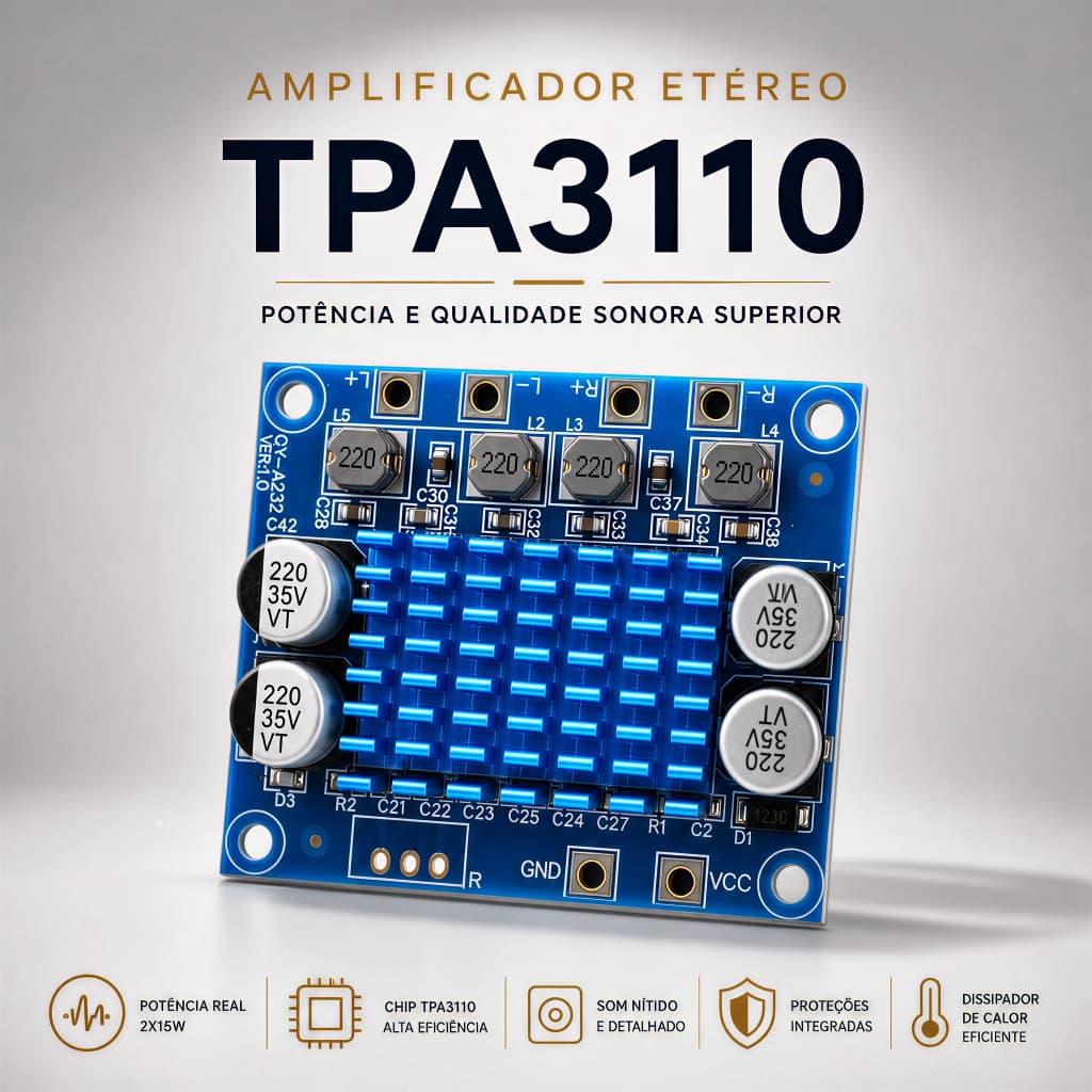 Amplificador Digital Estéreo TPA3110 2 Canais 30W+30W DC 8-24V