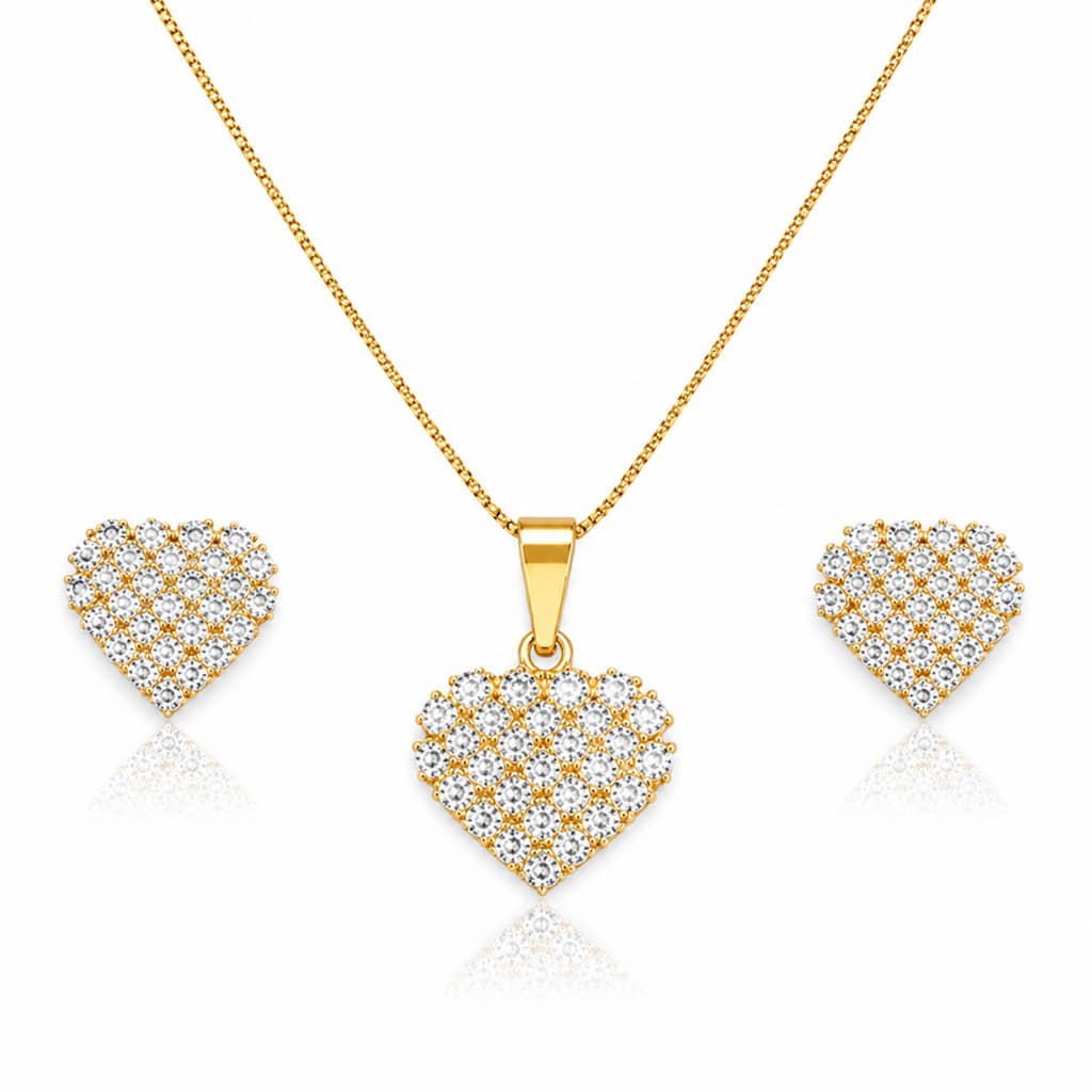Conjunto Colar e Brinco Coração Cravejado Folhado a Ouro - Colar 45 cm  com Extensor