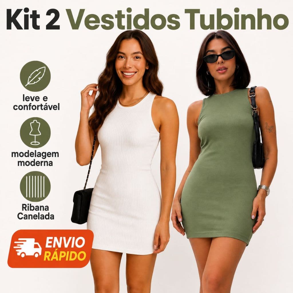 Kit 2 Vestidos Femininos Ribana Canelada | Tubinho | Blogueira