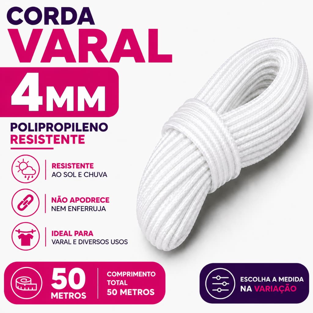 Corda Multiuso Polipropileno 4mm Branca Alta Durabilidade 50 Metros