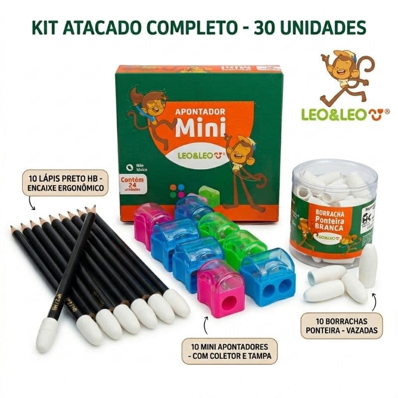 Kit Escolar 30 Peças Leo&Leo 10Lápis HB2 10Borracha Ponteira 10 Mini Apontador Com tampa Original