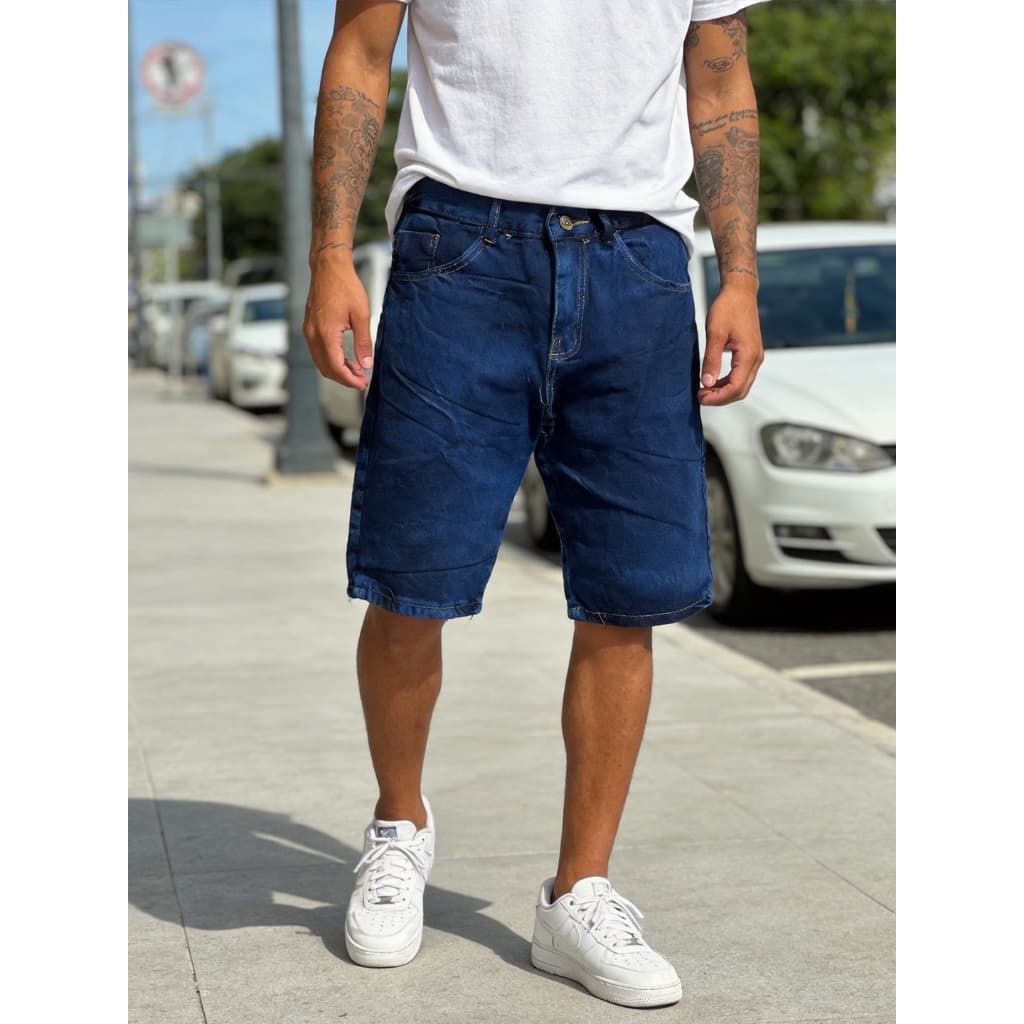 【Novo】Bermuda Jeans Masculina Azul Estilo Casual Versátil 100% Jeans
