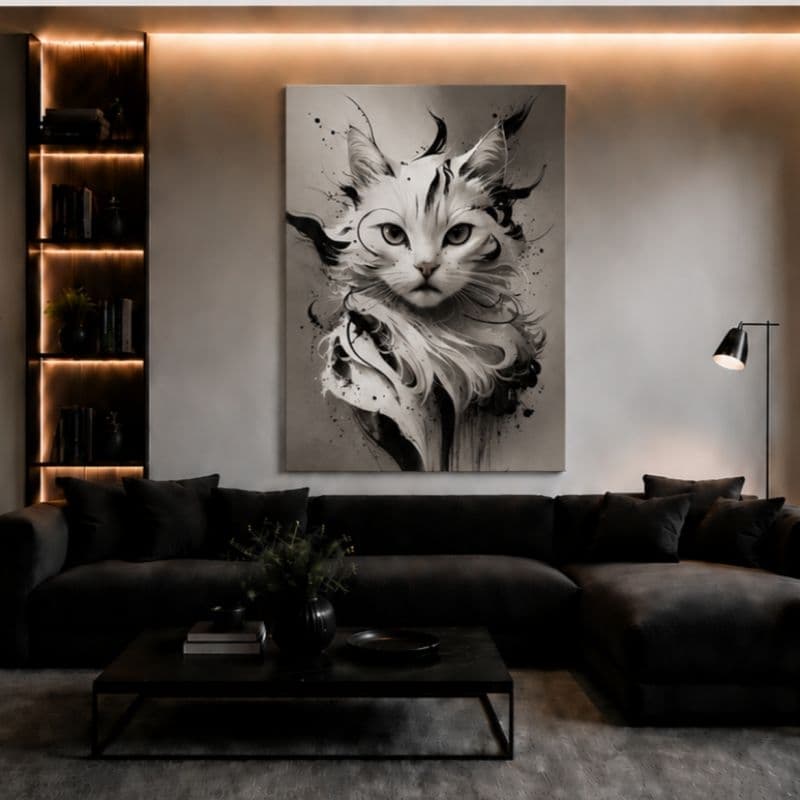 Quadro Decorativo Gato Branco Abstrato Preto e Branco – Arte Moderna Minimalista Sem Moldura