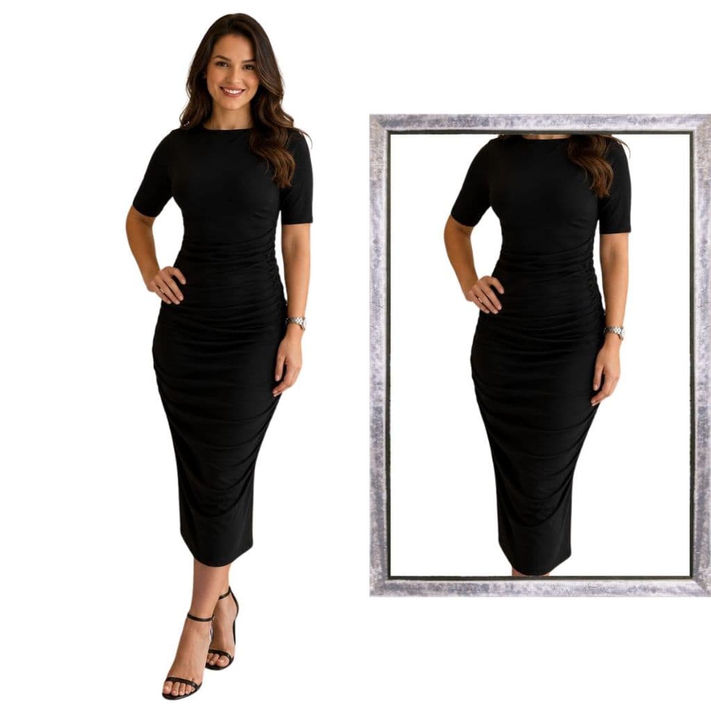 Vestido Feminino Midi Canelado com Manga Drapeado Elegância