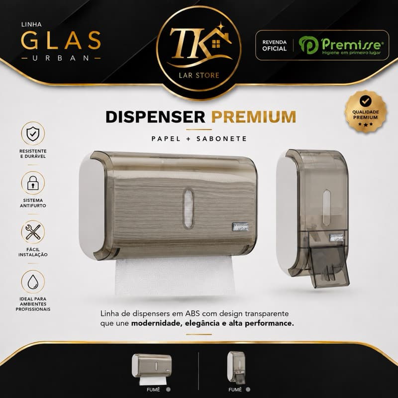 Dispenser Linha Urban Glass Saboneteira Reservatório 400ml Toalheiro Compacto Fumê Cristal Banheiro Lavabo Premium Moder