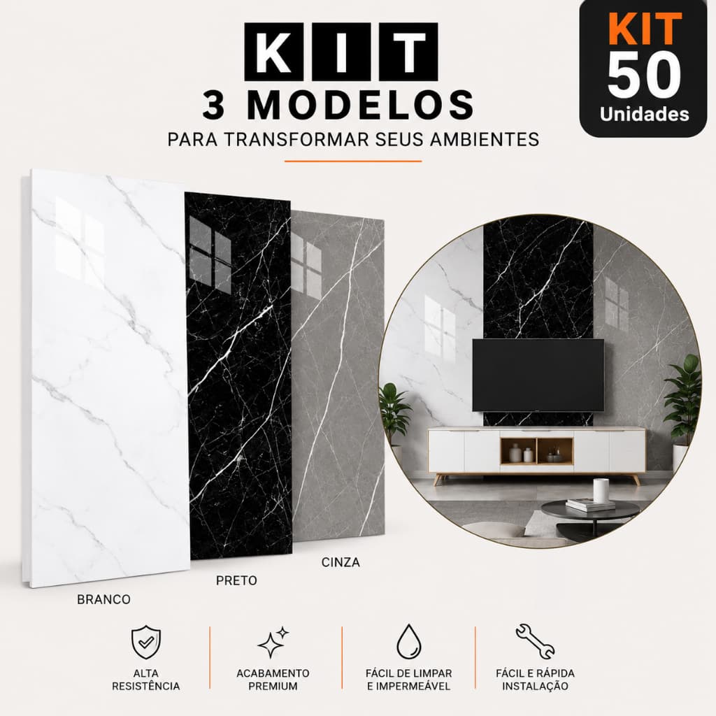 Kit 50 Placas Adesivas 3D Efeito Mármore – Revestimento Impermeável Moderno 30x60cm Charme Decoração P/ Casa e Reforma