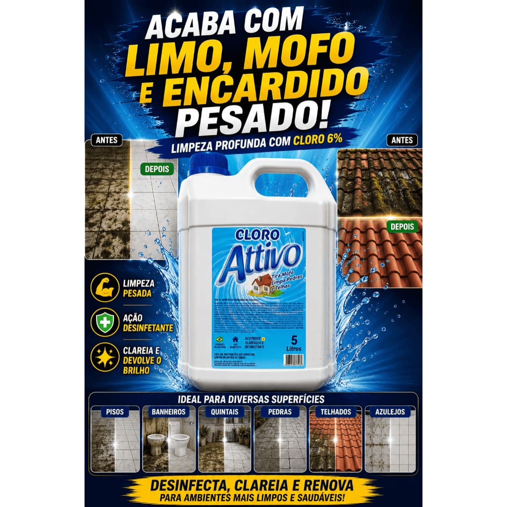 Cloro 6% Attivo 5L Tira Limo Mofo e Encardido Limpeza Pesada Para Piso Telha Pedra Quintal e Banheiro | Derrete Mofo