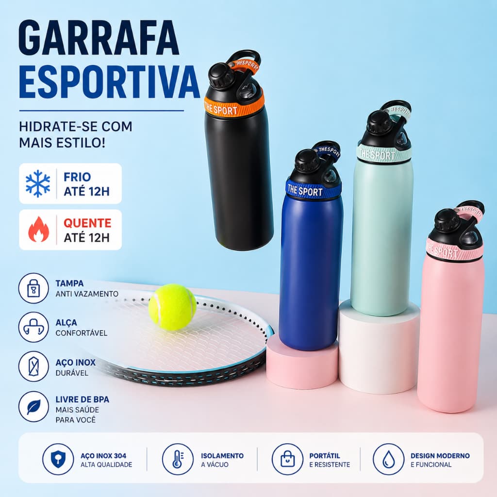 Garrafa Termica Inox 304 800ml com Alca Mantem Quente e Frio Academia Trabalho Viagem