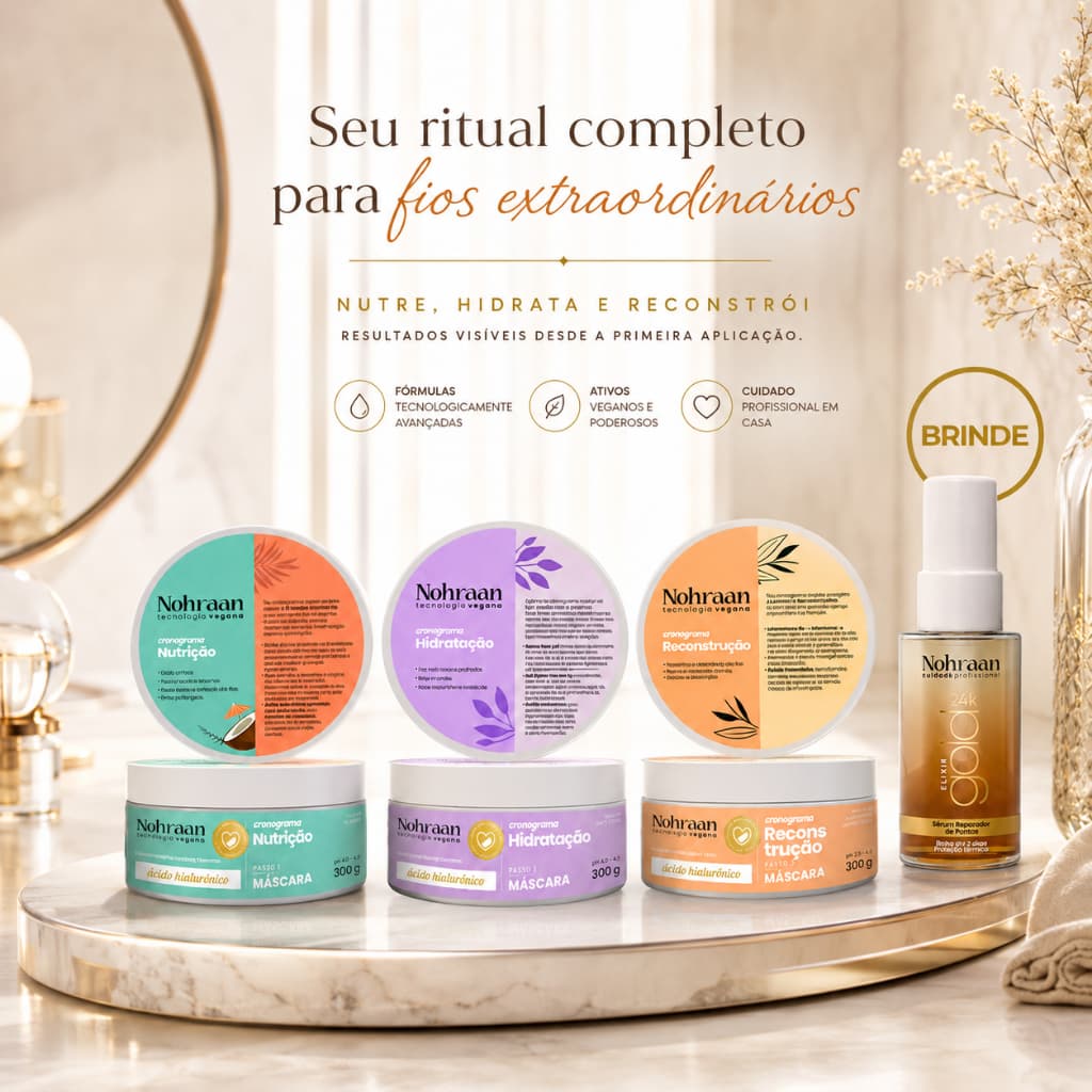 Kit Cronograma Capilar Nohraan 3 Máscaras 300g Com Sérum Reparador Gold Brinde