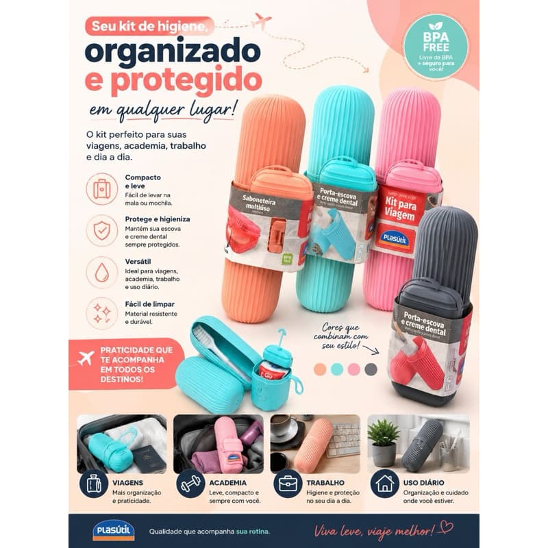 Kit Para Viagem Porta Escova de Dente Multiuso e Saboneteira Multiuso Plasútil Estojo para Talheres