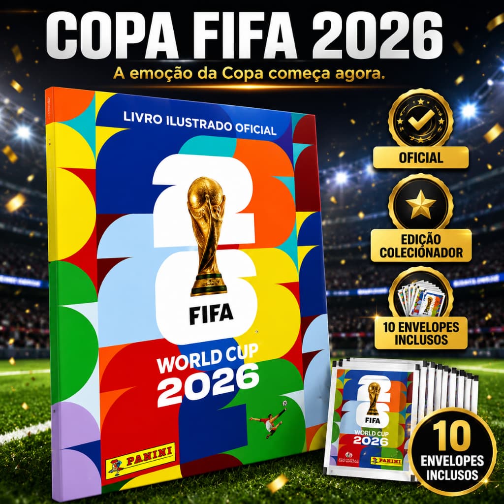 COPA FIFA 2026 Álbum Copa do Mundo + 10 Envelopes de Figurinha Livro Ilustrado Colecionável