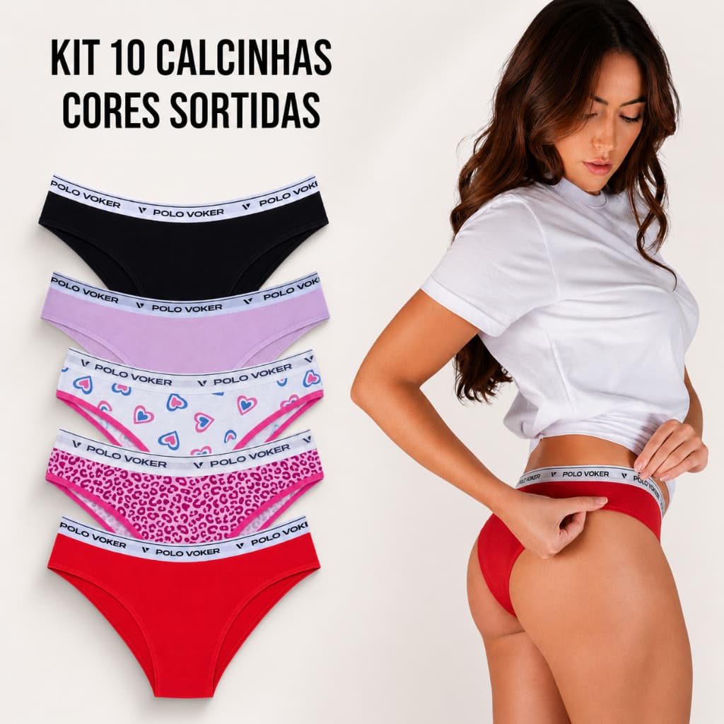 Kit 10 Calcinhas Elástico Algodão Confortável Cores Sortidas Voker  P M G GG - Promoção !