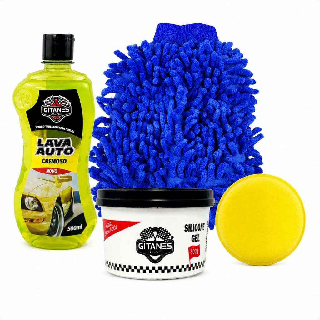Kit Shampoo Lava Auto 500ml + Silicone Gel 500g + Luva Microfibra + Aplicador de Espuma