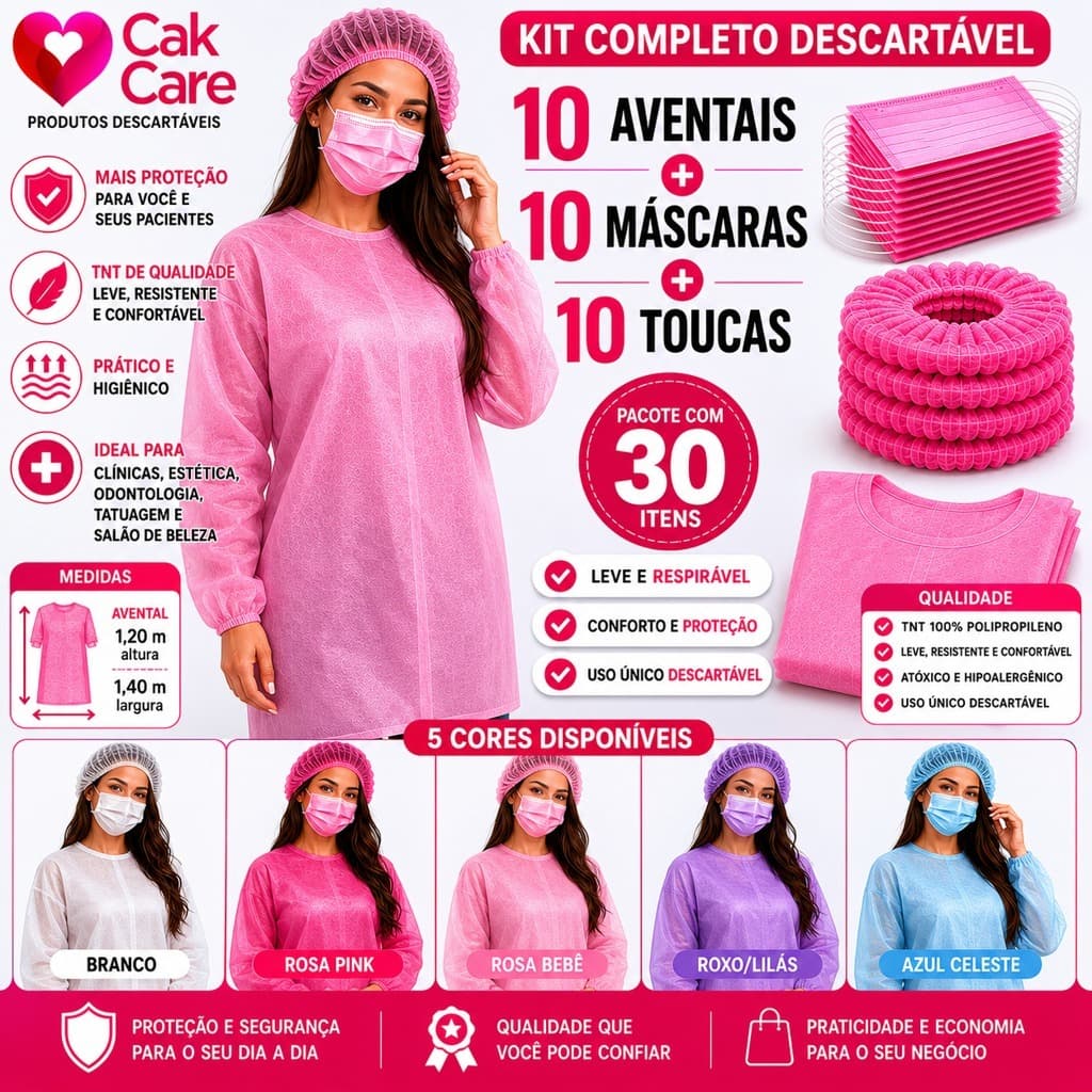 (KIT 30 ) 10 TOUCAS+10 MÁSCARAS+10 AVENTAL MANGA LONGA Descartáveis Profissional
