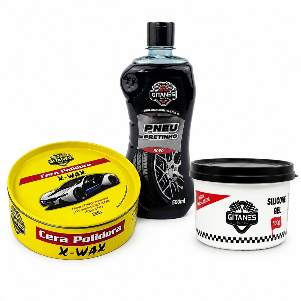 Kit Pneu Pretinho 500ml + Cera Polidora Cremosa 200g + Silicone Gel 500g Brilho e Renovação
