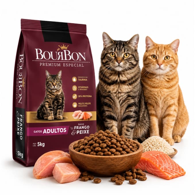 Ração Para Gatos Adultos Bourbon Premium 5kg Frango e Peixe Com Taurina 30% Proteína