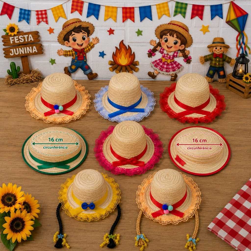 Chapéu de Palha Com Renda com e sem Trança Infantil Juvenil Caipira Festa Junina São João Tamanhos Variados 15 a 17 Cm.