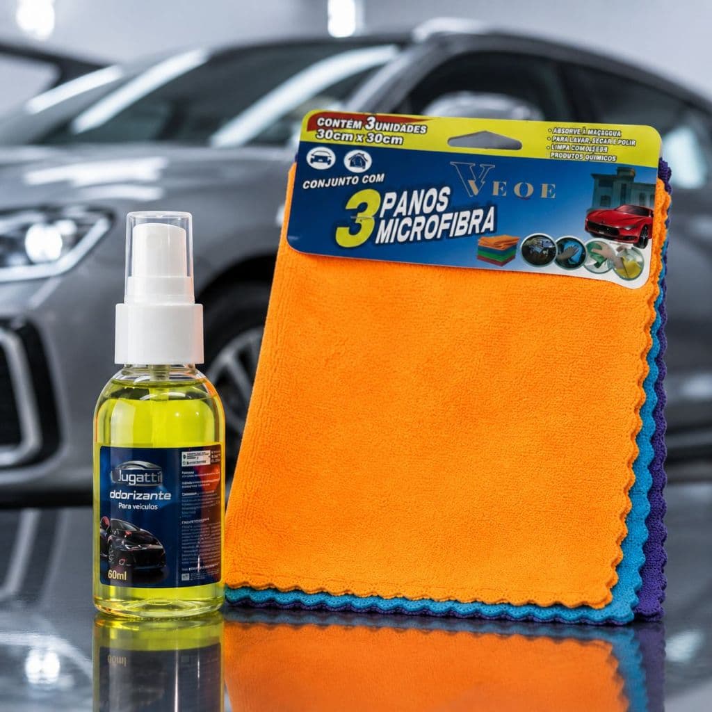 Kit Conforto Automotivo - 3 Panos Microfibra + Cheirinho Carro Novo Spay 100 ML Premium