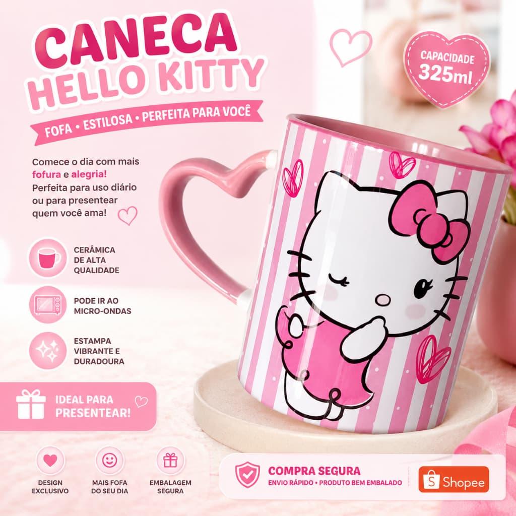 Caneca Copo Xícara Cerâmica Personalizada Com seu Nome Hello Kitty Alça de Coração