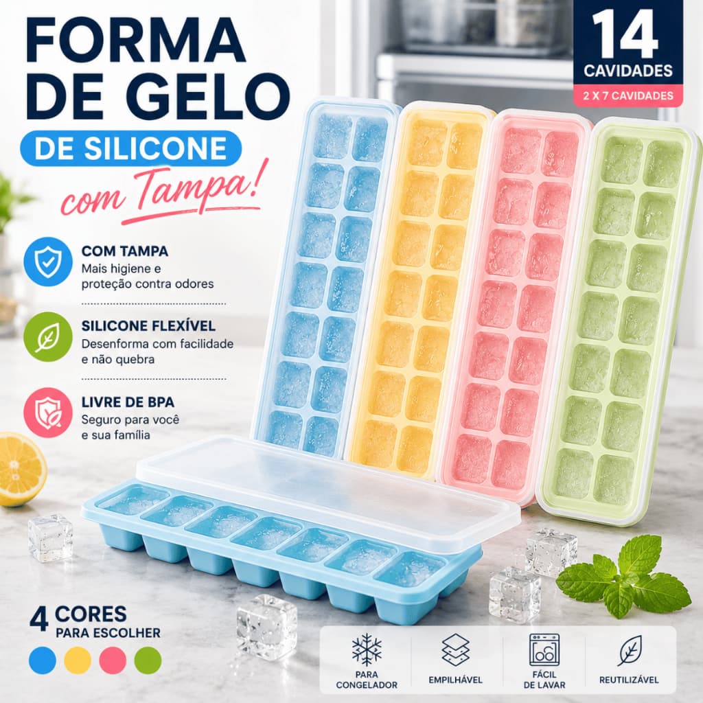 Forma de Gelo Silicone com Tampa 14 Cubos Flexível BPA Free Fácil de Desenformar