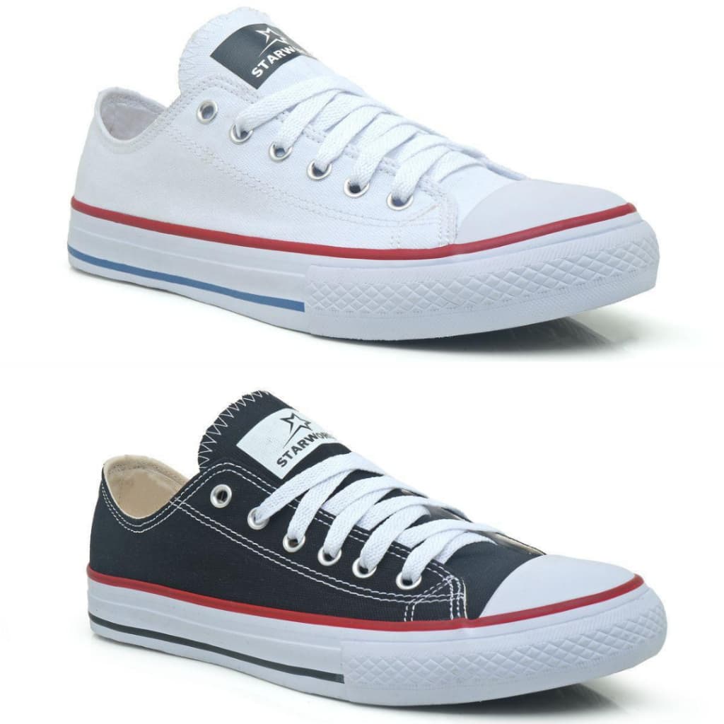 Kit 2 Pares Tênis Cano Baixo Unissex Star world All Confortável Preto Branco Casual