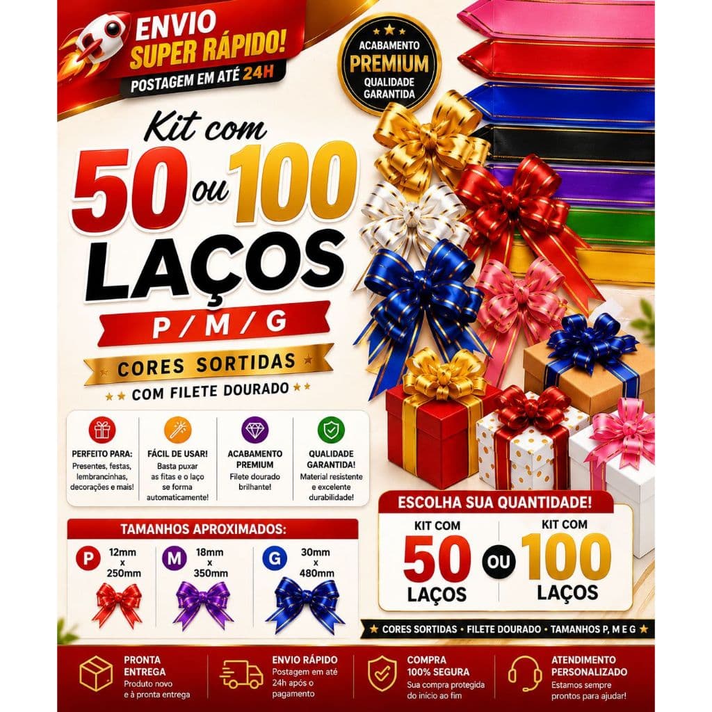 Kit 50 E 100 Laços Mágicos Para Presente Com Filete Dourado P/M/G Diversas Cores