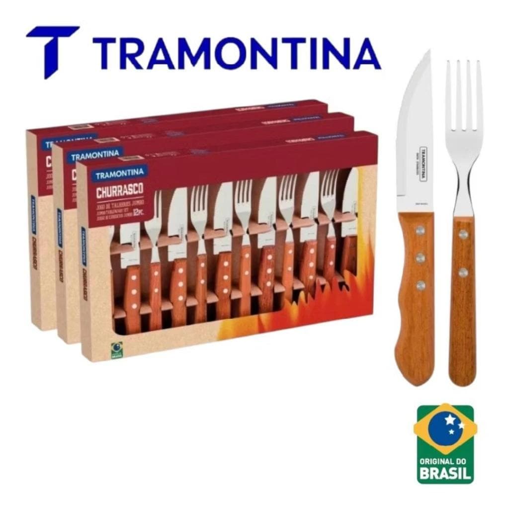 Kit de Talheres Jumbo Tramontina Churrasco com Lâminas em Aço Inox e Cabos de Madeira 12 Peças