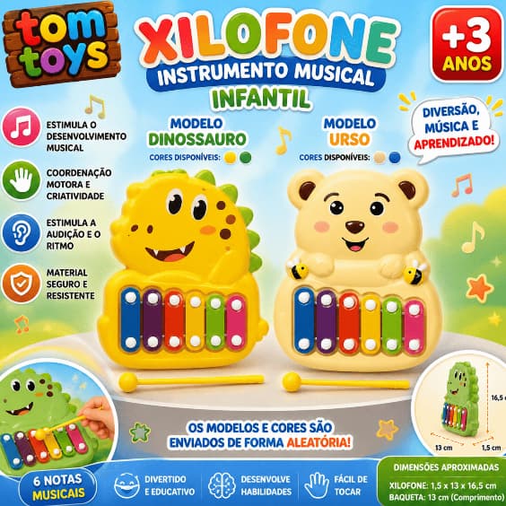 Xilofone Instrumento Musical Infantil formato animal dinossauro ou urso C/ 6 Notas