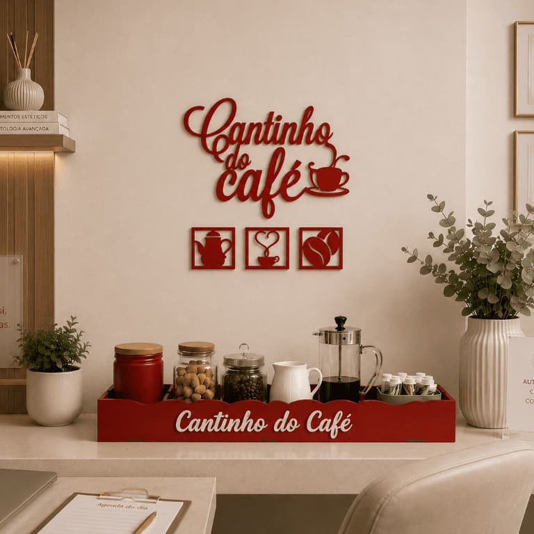 Conjunto Cantinho do Café 4 Apliques e Bandeja em MDF Preto Vermelho Marrom