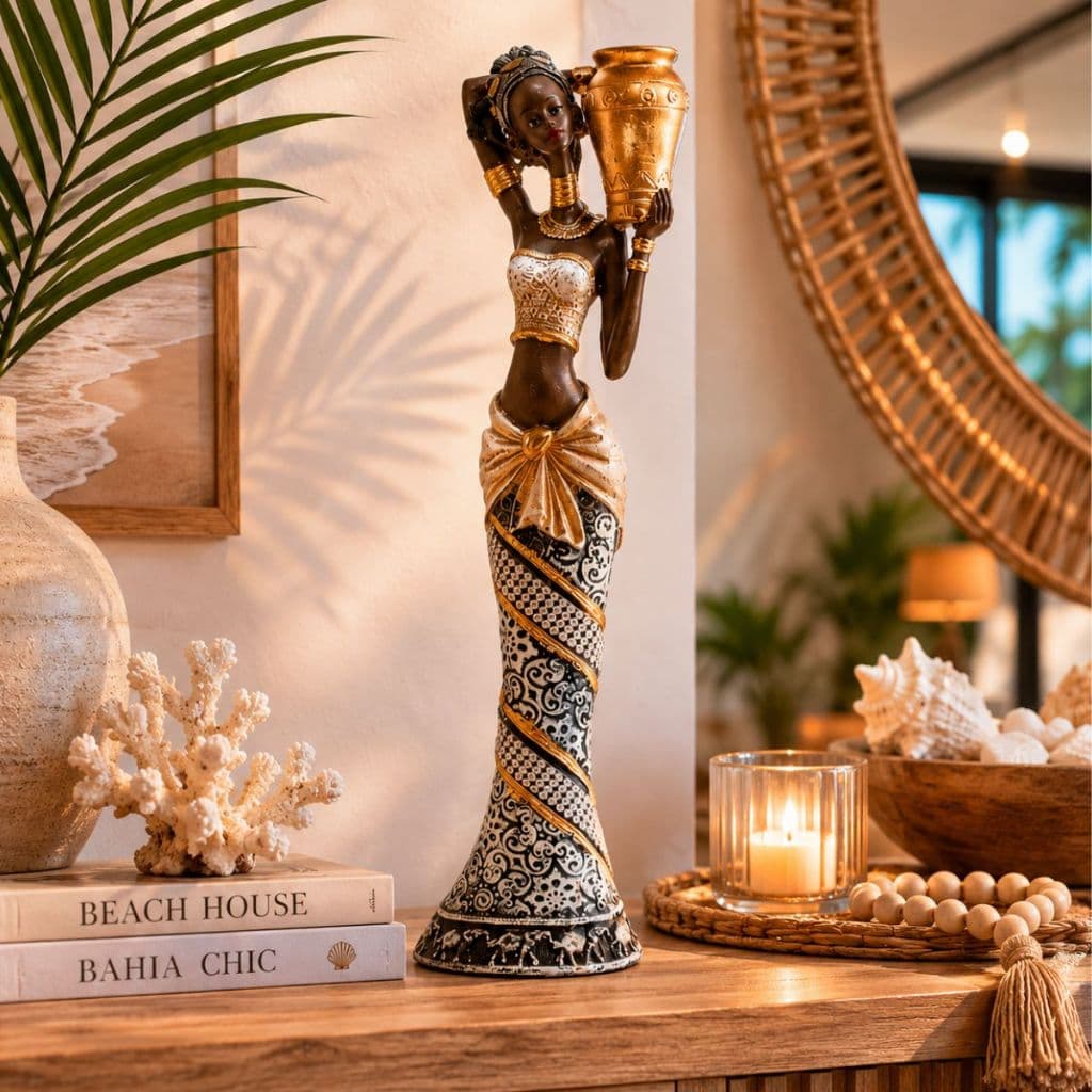 Estatueta Mulher Africana com Pote Decorativa 35cm Escultura Étnica Elegante para Sala e Escritório