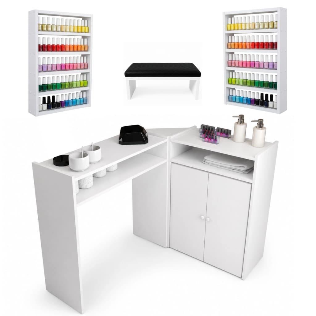 Mesa Manicure Em L Mesinha Escrivaninha Spa Decoração Salão + 2 Esmalteira + Apoio Para Mãos