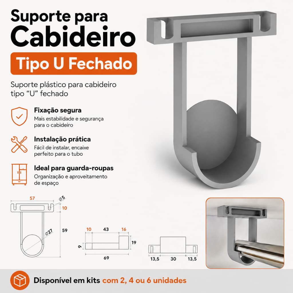 Kit Suporte Plástico para Cabideiro Lateral – Para Tubo 25mm – Com Parafusos – Kits com 2, 4 ou 6 Un