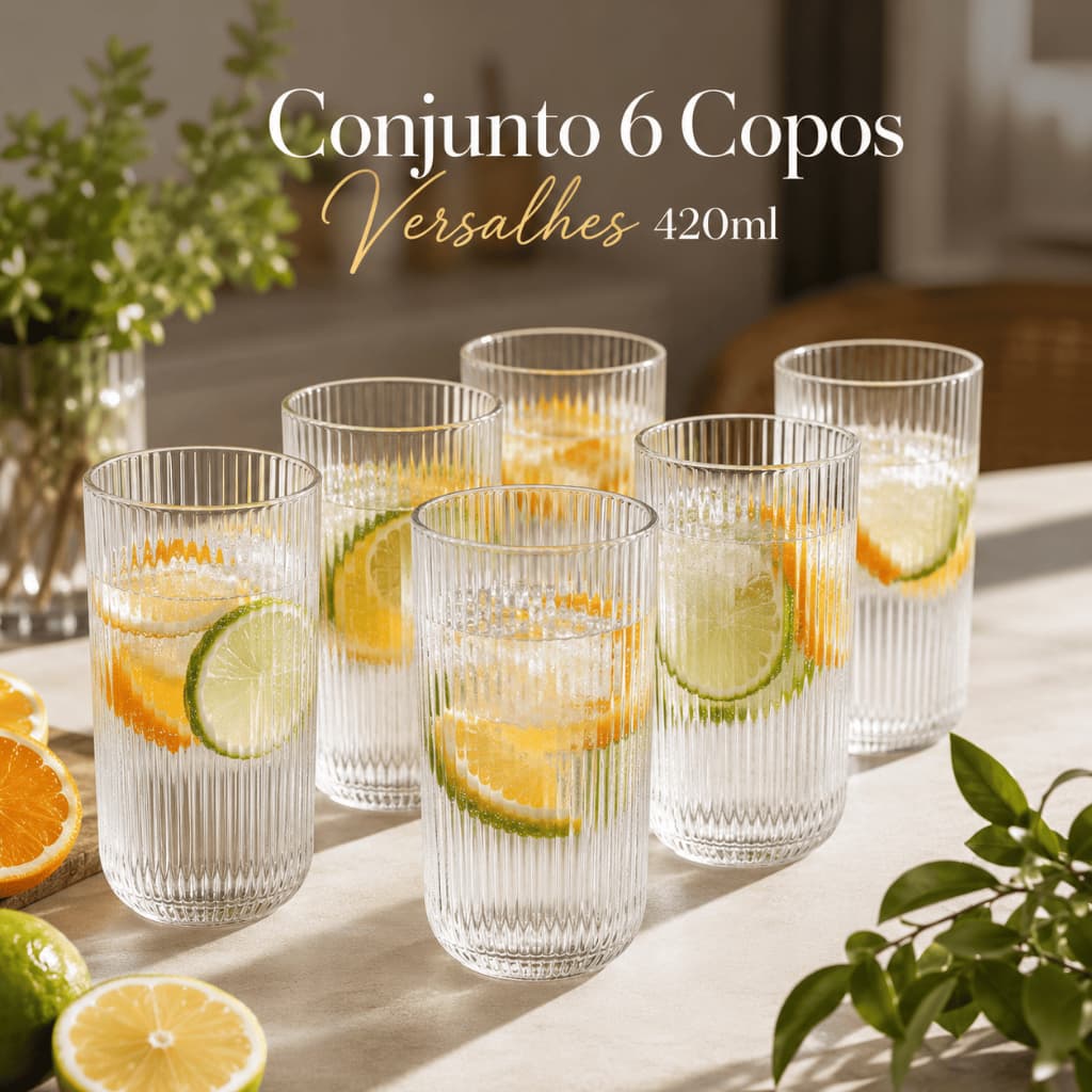 Conjunto 6 Copos Canelados Vidro Versalhes Capacidade 420ml