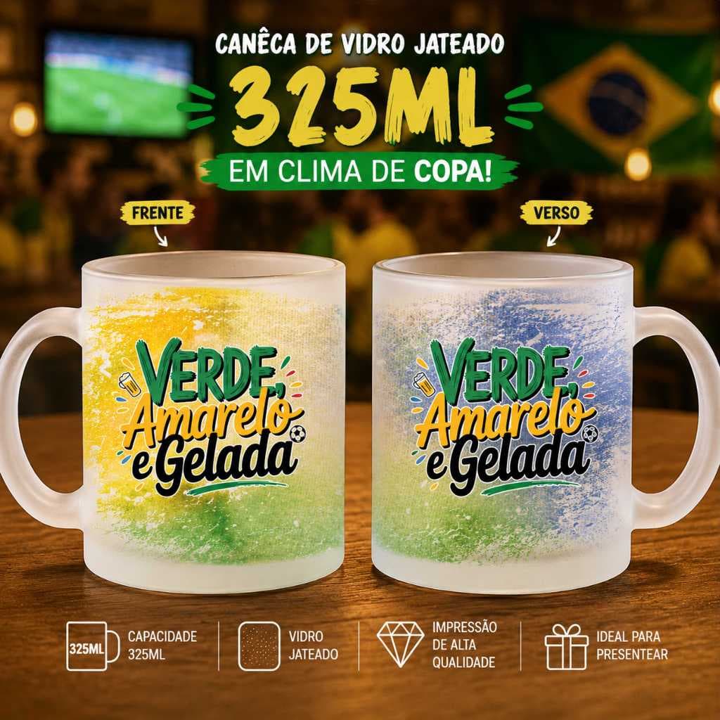 COPA DO MUNDO | Caneca de vidro jateado 325ml VERDE AMARELO E GELADA - Brasil torcedor futebol