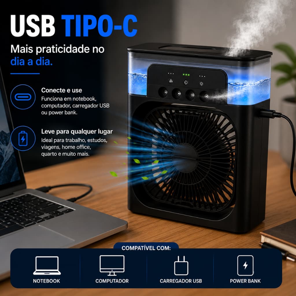 Ventilador Climatizador Portátil USB Umidificador Mini Ar Condicionado Preto Branco