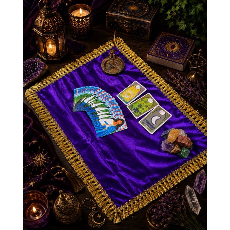 Tapete Espiritual para Tarot e Oráculos em Cetim com Franja Dourada – 57x37 cm