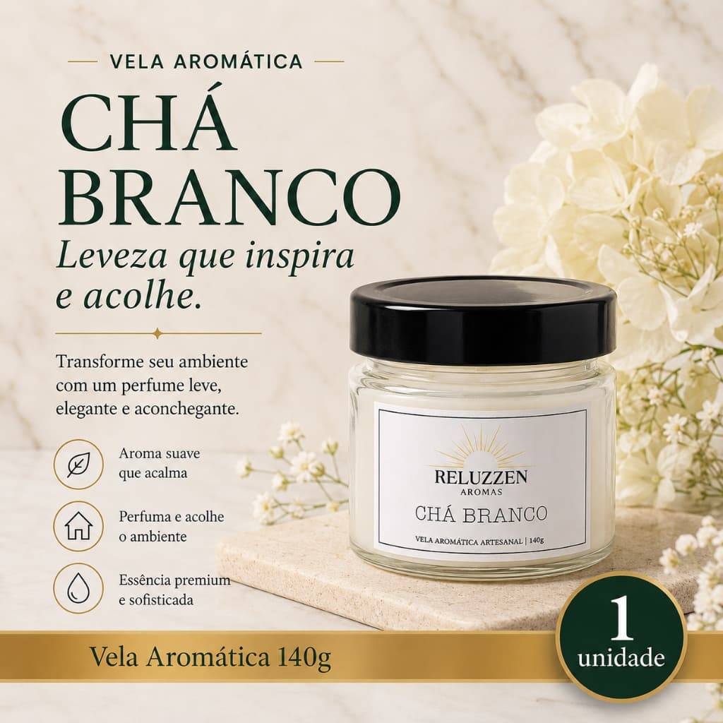 Vela Aromática Chá Branco 140g Artesanal Perfumada Decorativa para Ambiente