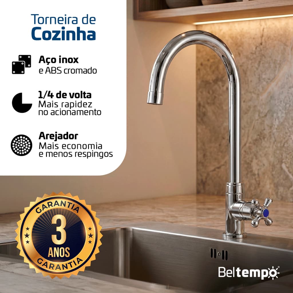 Torneira Para Cozinha De Mesa 1/4 De Volta Bica Móvel Aço Inox/abs Cromada Classic Beltempo