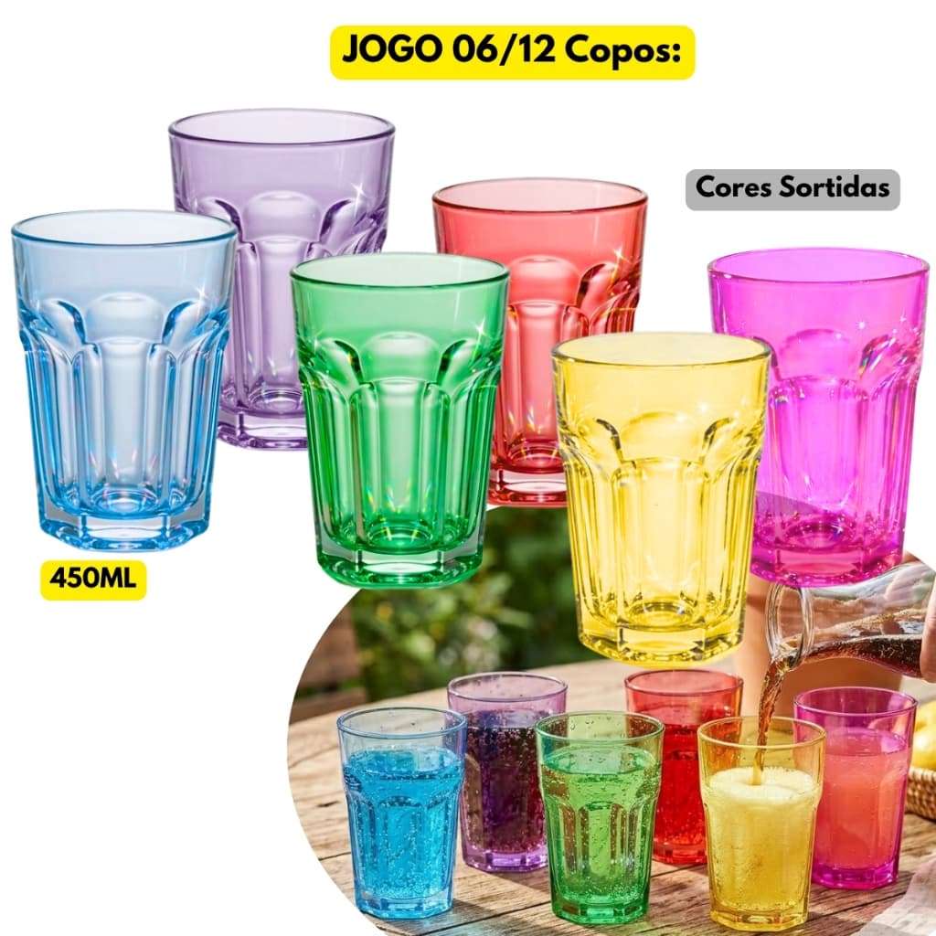 Jogo Kit 06/12 Copos Grande Vidro Colorido Drinks Água Suco Refrigerante Bar Barman Servir Refeição